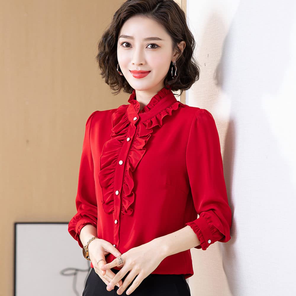 LITTLA Hemd Damen Oberteile, Damen-Chiffon-Langarmbluse Elegant Einfarbig Rosa Mit Rüschen Stehkragen Hemden Oberteile Mode Schmal Button-Down-Blusen Frühling Tunika-Oberteile Für Damen Mädchen