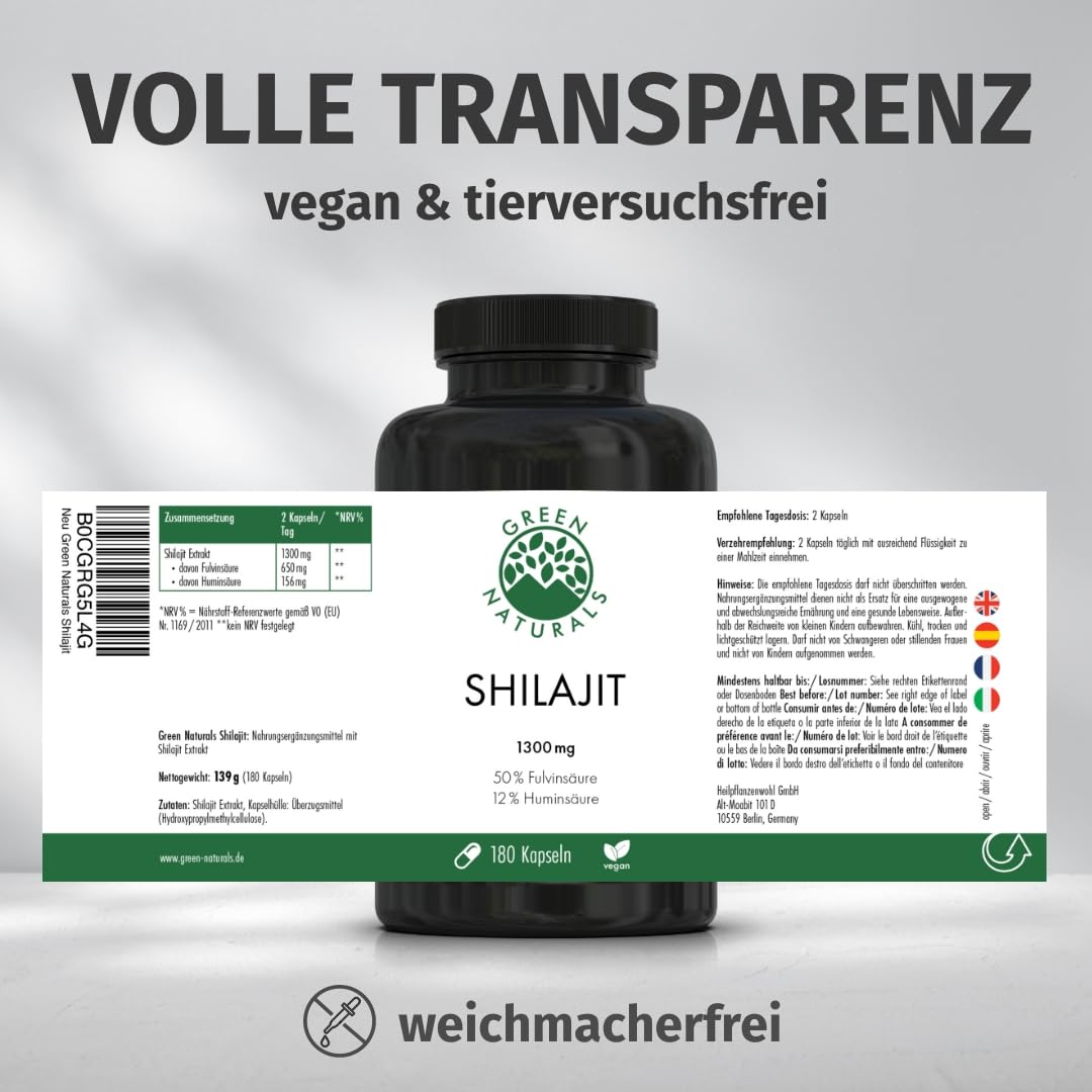 Green Naturals® Himalaya Shilajit 1.300 mg – 180 Kapseln – 3 Monate vegan | Standardisiert auf 50 % Fulvinsäure & 12 % Huminsäure · Ohne Zusätze · Laborgeprüft in Österreich