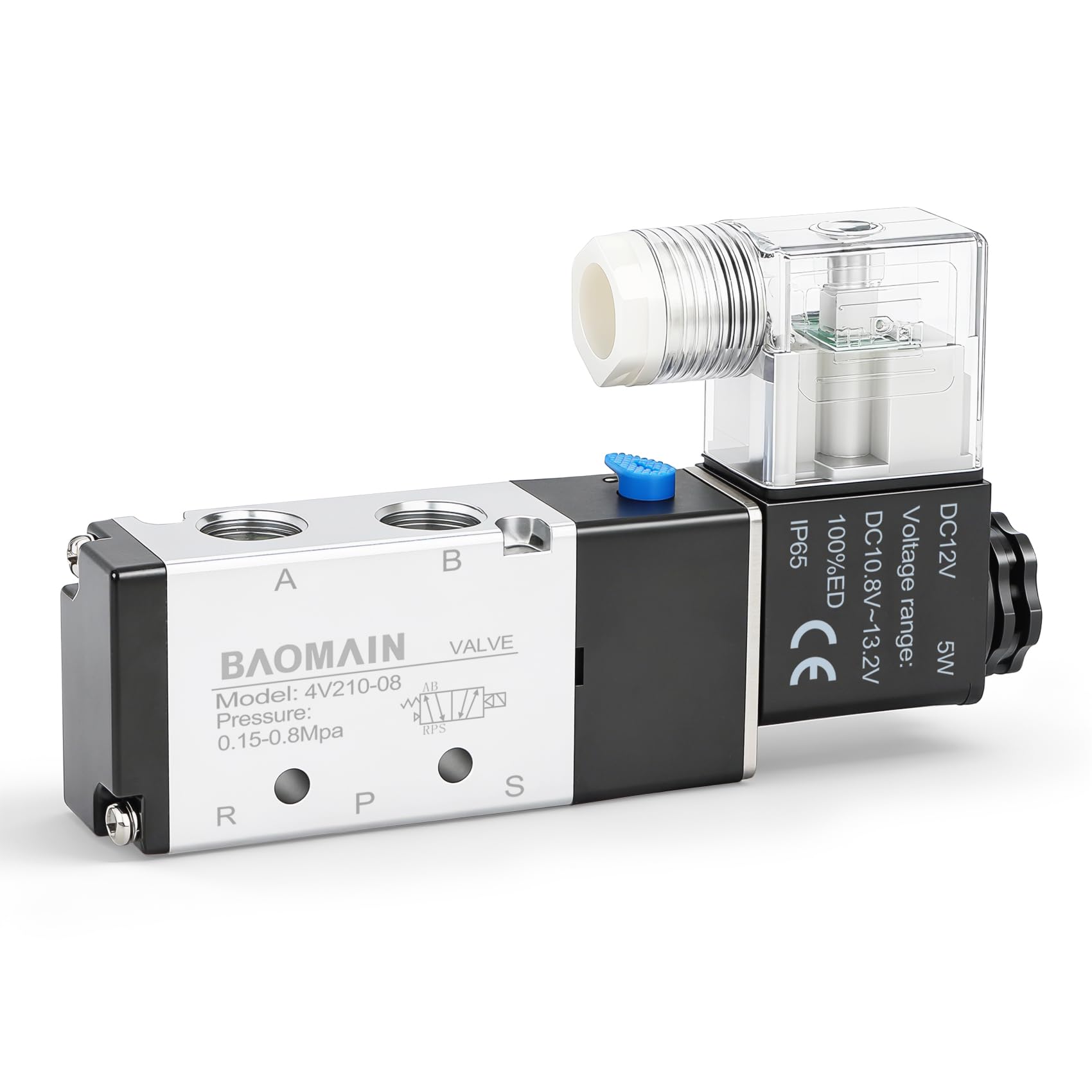 Baomain 4V210-08 Electric Solenoid Valve, 12V DC 2-Position 5-Way 1/4" PT Port,Pilot-Operated,Aluminum Body with Lampshade Junction Box
