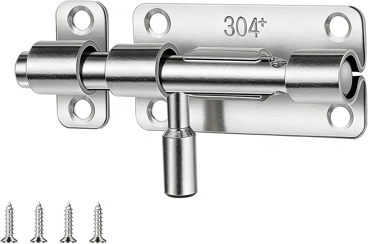 Pestillo de perno de barril de 4 pulgadas, pestillo de puerta corrediza de alta resistencia, pestillo de perno deslizante de acero inoxidable SUS304 para valla de madera, puerta de patio, puerta de granero, puerta de cobertizo, con orificio para candado, plateado