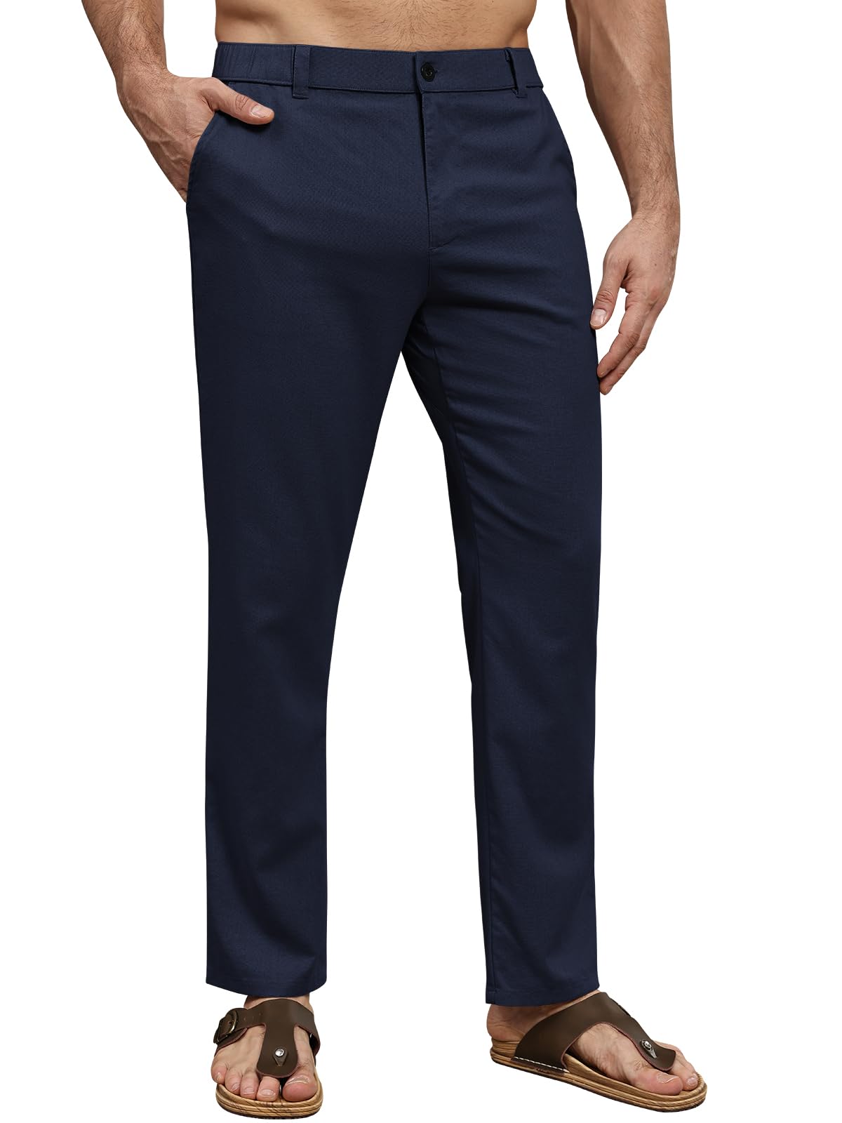 Suwangi Hombre Pantalones de Casuales Pantalones Largos Verano Ligeros Pantalon Lino Mezclar Cintura Elástica con Bolsillos — view 8
