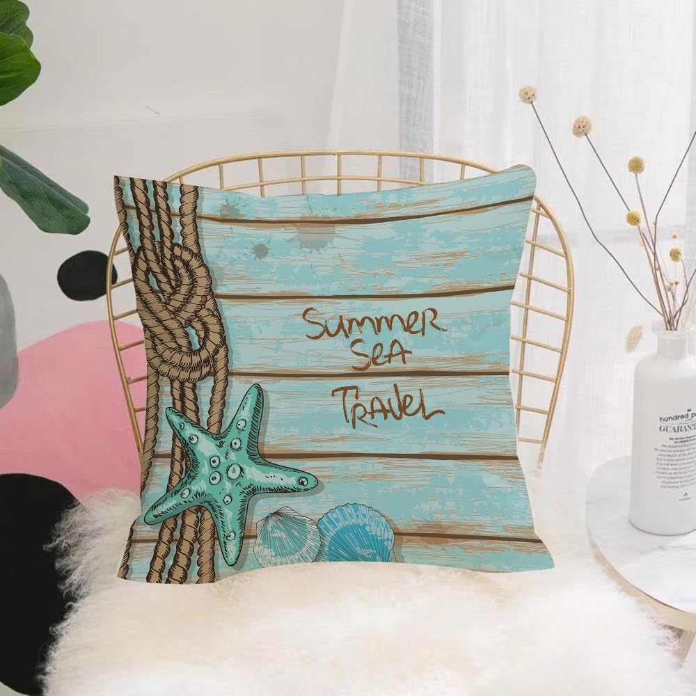 HYOSXW Cushion Cover,Throw Pillow Case Home Decorative for Living Room Bedroom Sofa Chair 16X16 Inch,Hand drawn retro boards of ship deck background with rope starfish and seashell,Pillowcase 40X40cm