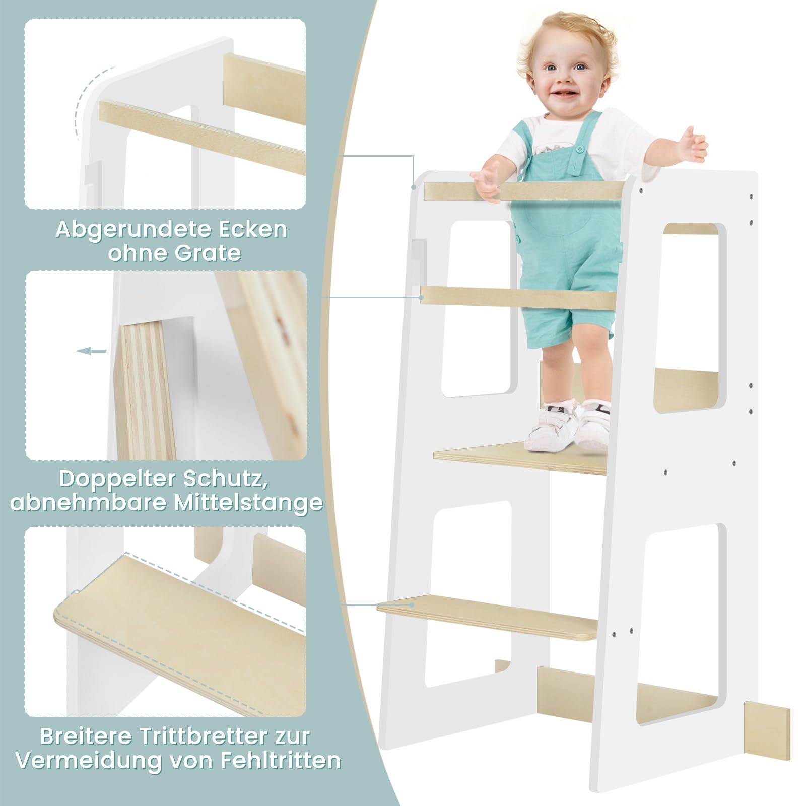WOLTU Lernturm für Kinder ab 1 Jahr, mit Rausfallschutz, Montessori Learning Tower, Entdeckerturm Küchenhelfer Tritthocker, aus Massivholz MDF, bis 50 kg belastbar, Weiß Holzfarbe