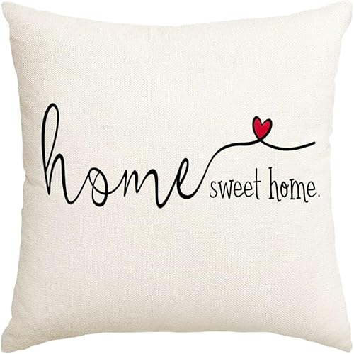 RABUSOFA Home Sweet Home - Fundas de almohada con citas, 18 x 18 pulgadas, funda de cojín decorativa con corazón rojo para sofá, individual, sin