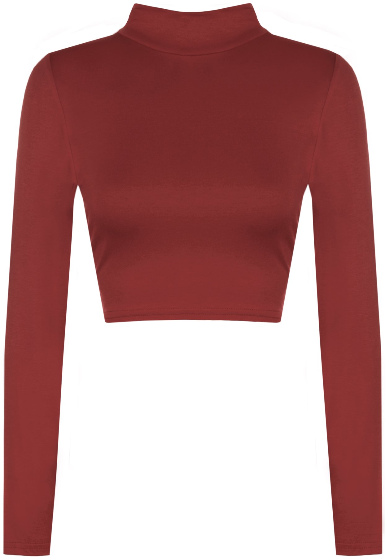 WearAll New Womens Turtle Neck Crop Ladies Long Sleeve Plain Polo Short Stretch Top - Wine - 12/14