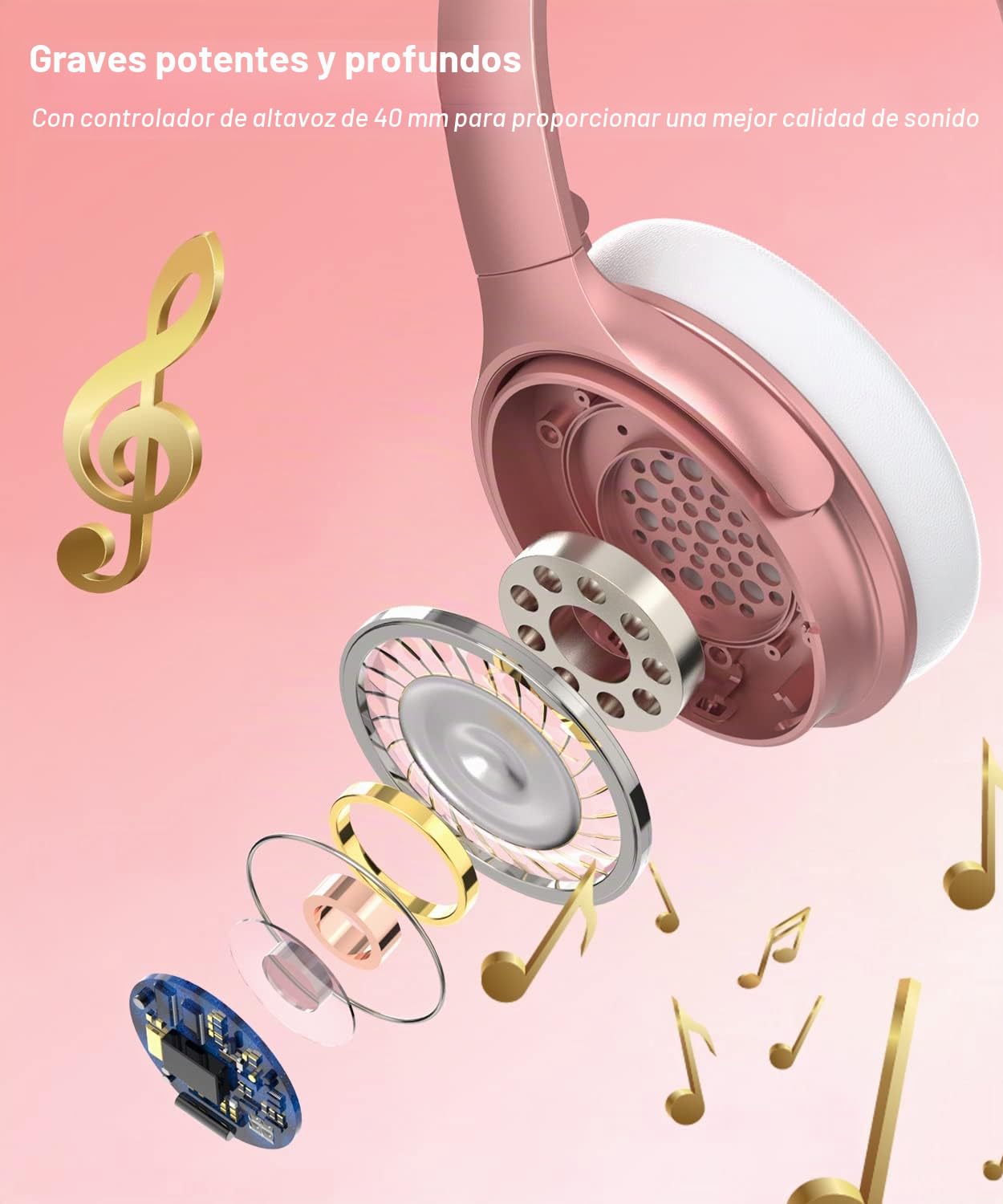 INFURTURE Auriculares Inalámbricos Bluetooth, hasta 90 Horas de Autonomía con Carga Rápida y Estilo Diadema,Regalos para Hombres, Mujeres,Adolescentes,Yoga,Entrenamiento,Fitness,Relax,Viajes - Rosa