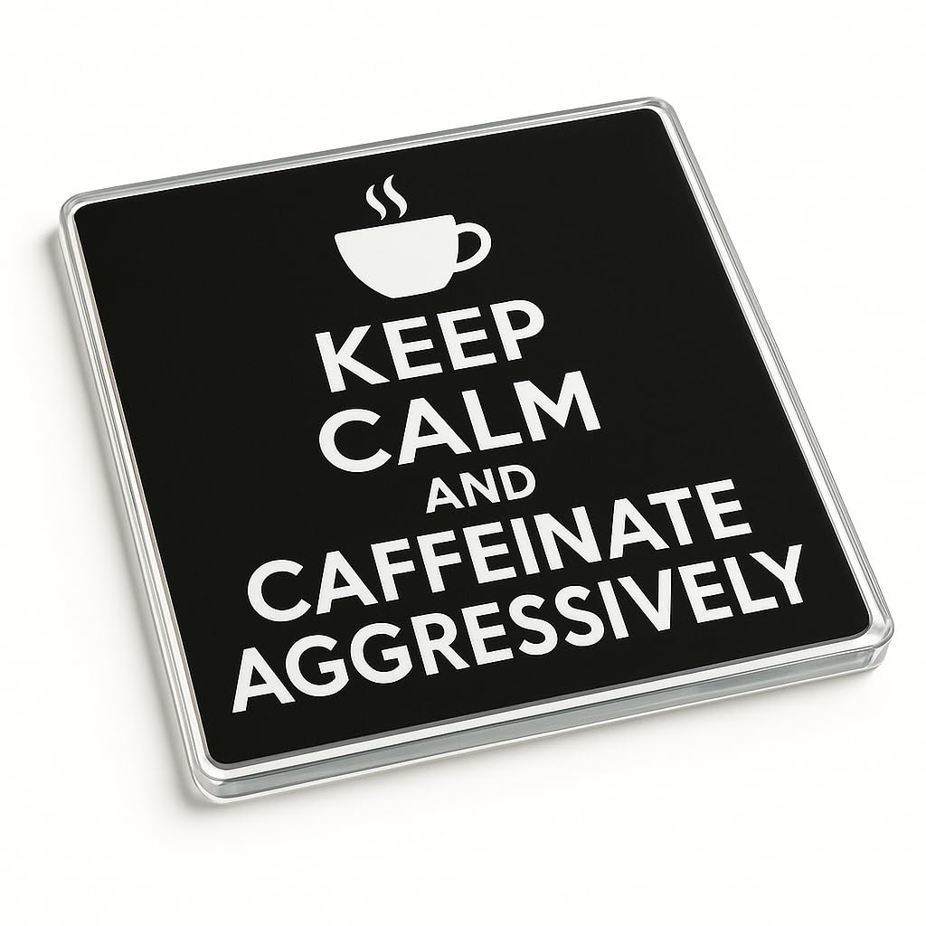 The Plum Penguin Caffeinated Wit Minimalist Acrylic Coaster Gift - Modern British Humour Coffee Enthusiast Present For Home Or Office