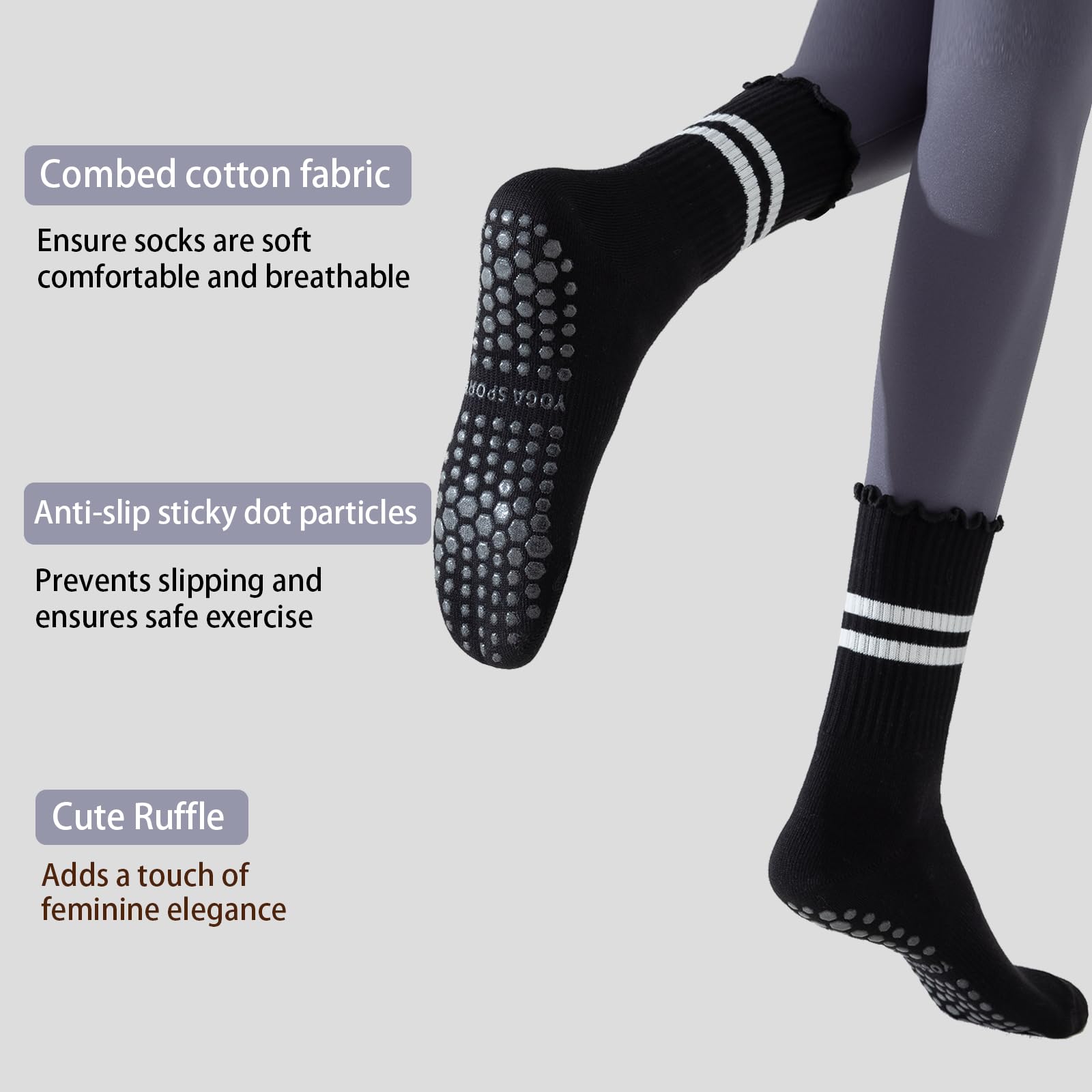 Elapse Space 3 Pairs Pilates Socks With Grips for Women Non Slip Grip Ruffle Yoga Grippy Socks