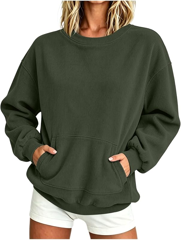buzo informal de pana con cuello redondo y bolsillos para mujer | Sudaderas con capucha suaves y holgadas, camisetas ligeras de manga larga sin capucha, suéteres de cuello redondo de otoño, uso diario lindo de muy buen gusto