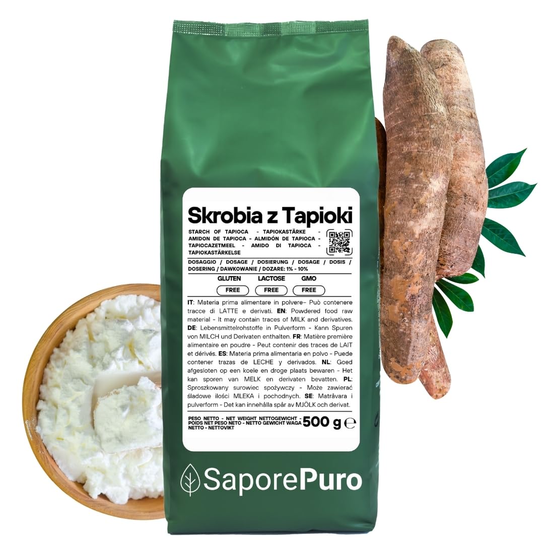 SaporePuro Skrobia Tapiokowa 500 g – Bez Glutenu – Naturalny Zagęstnik do Kremów, Sosów, Deserów i Potraw