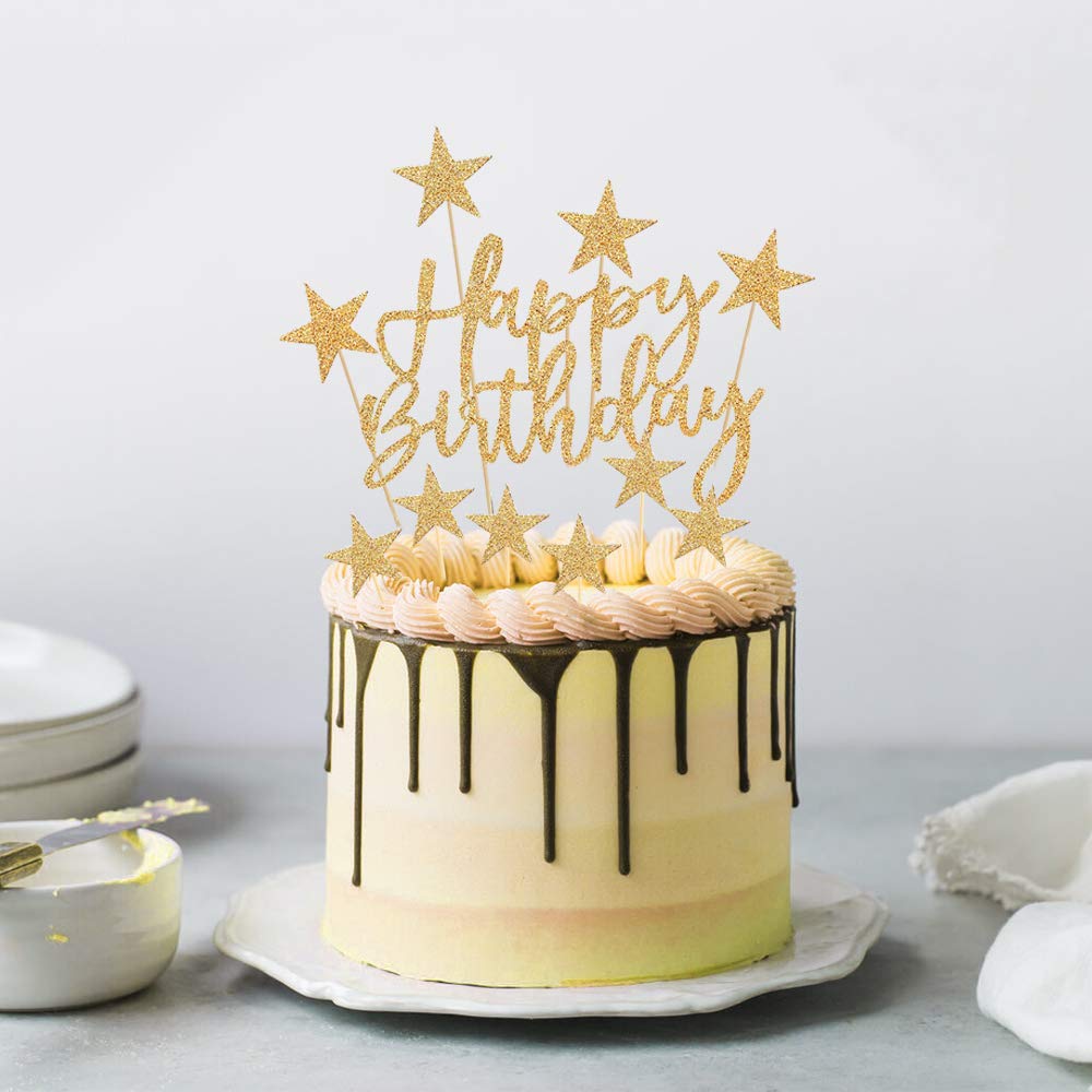 Gold Happy Birthday Cake Toppers, 2 Sets Glitter Cake Topper Banner for