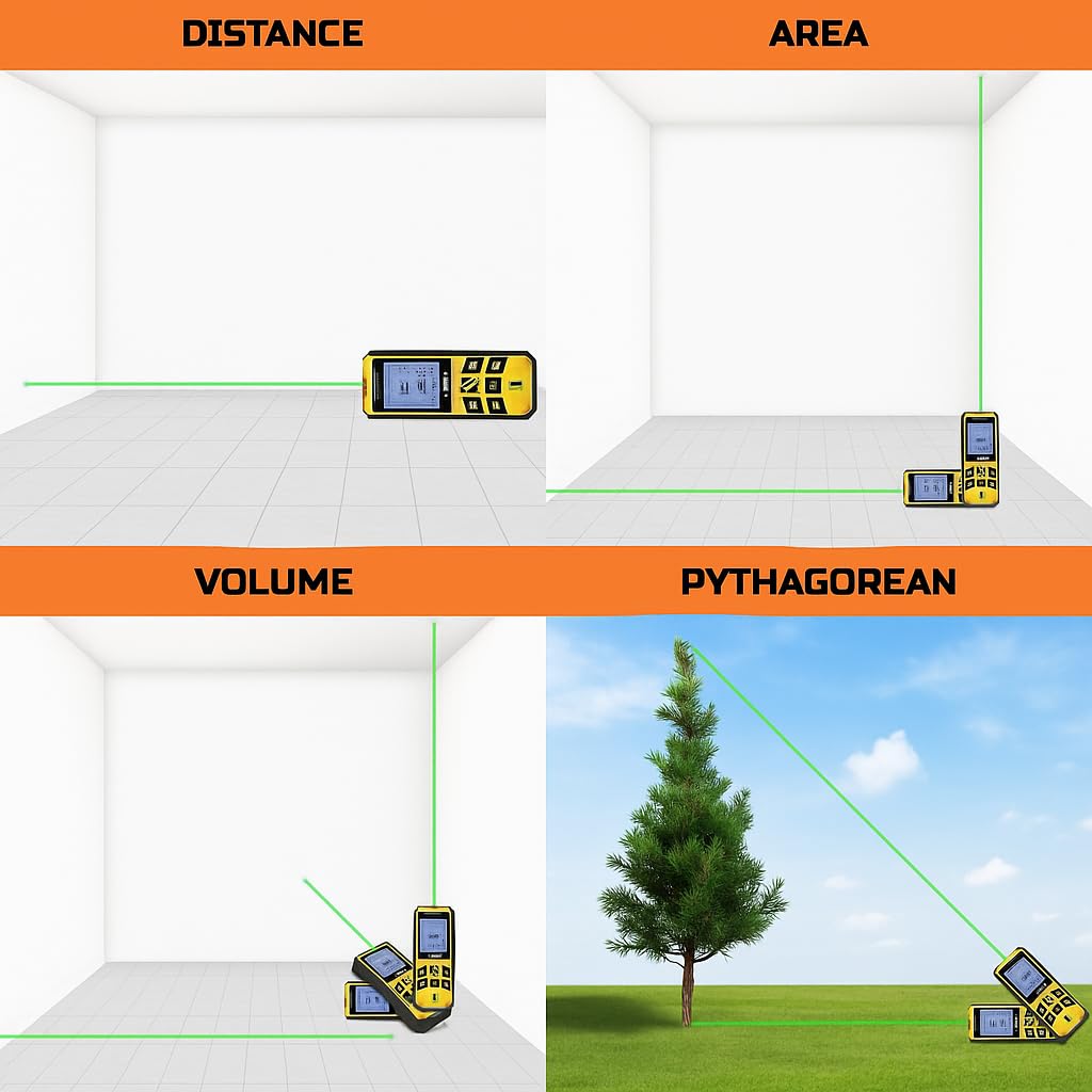 TOMAHAWK® TLM-O-60 Laser Distance Meter 60m RL THK | 325ft Range with Area, Volume, Pythagoras Measurement | Laser Class 2 | Water & Dustproof | 2 Line LCD Display with Batteries & Hand Strap 4