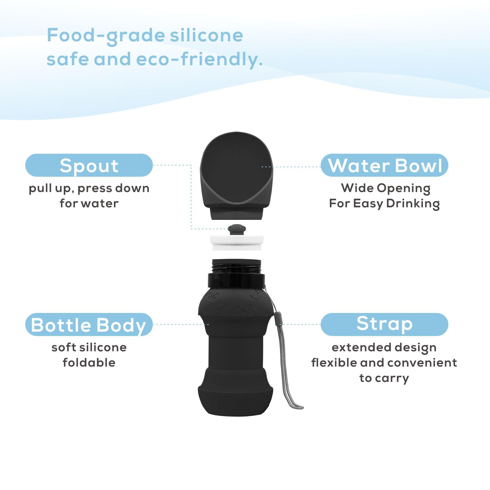 18 OZ Foldable Silicone Dog Water Bottle 500ML- Portable Outdoor Pet Hydration Solution, Leak-Proof, Easy to Carry, Perfect for Hiking, Travel, and Walking (Black, 550ML)