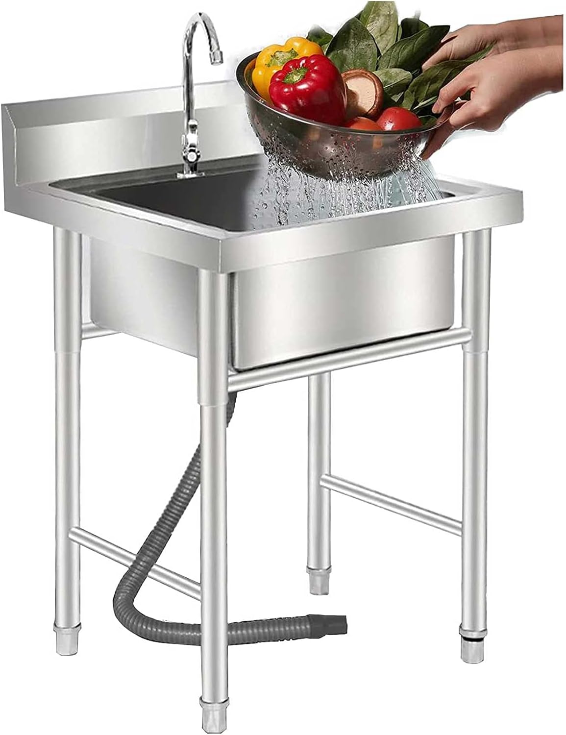 Commercial Handwashing Sink Thickened 201 Stainless Steel Kitchen Sink Mobile Single Bowl Sinks with Faucet for Garage Restaurant Kitchen Laundry Room (50 X 50 X 80cm)