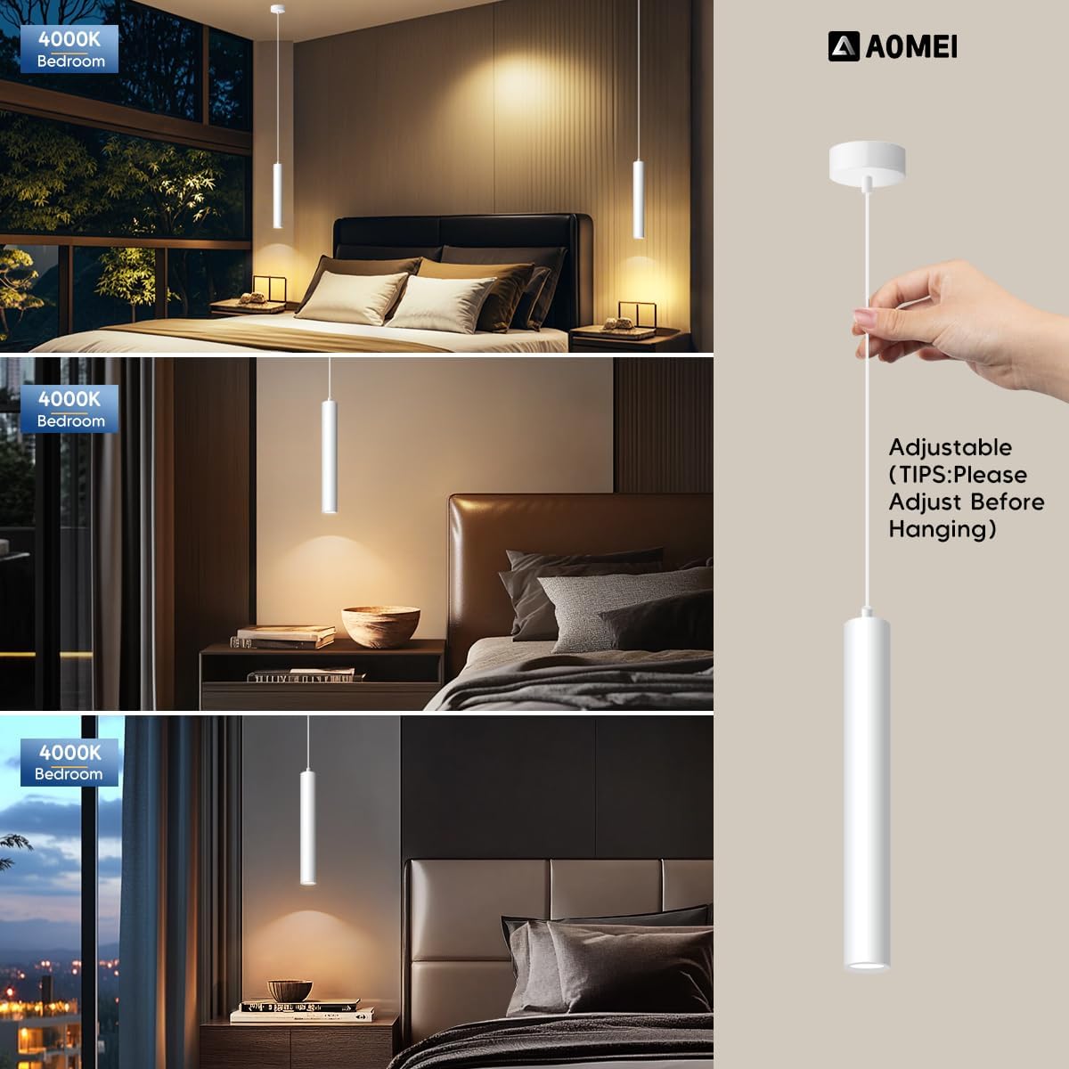Black Natural Light Spectrum LED Pendant Lights with Height Adjustable, 3000K Minimalist Modern Cylinder 5W Mini Long Tube Hanging Lamp (Black) (Black, 2) (White 1 Pack)