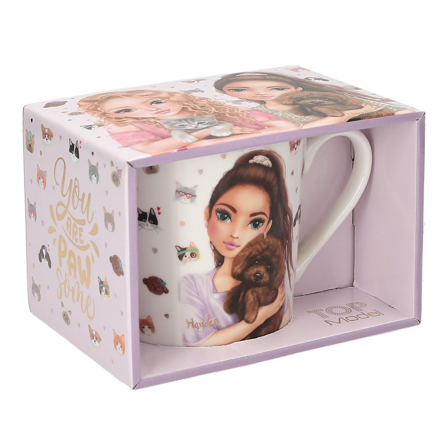 Depesche TOPModel Kitty and Doggy 13541 Mug in White with Model Motif, Hearts and Animal Pattern, Porcelain Drinking Cup with Handle, Capacity Approx. 300 ml