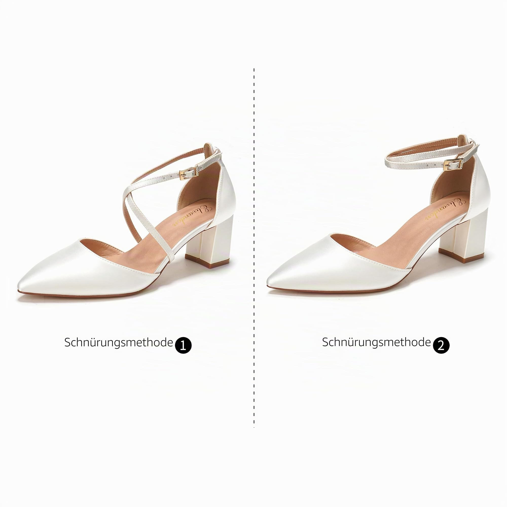 Elivandon J1586 Damen Satin Spitze Zehen Mittlerer Absatz Abend Sandalen 6 cm Blockabsatz Braut Party Hochzeit Pumps mit Langem Riemen