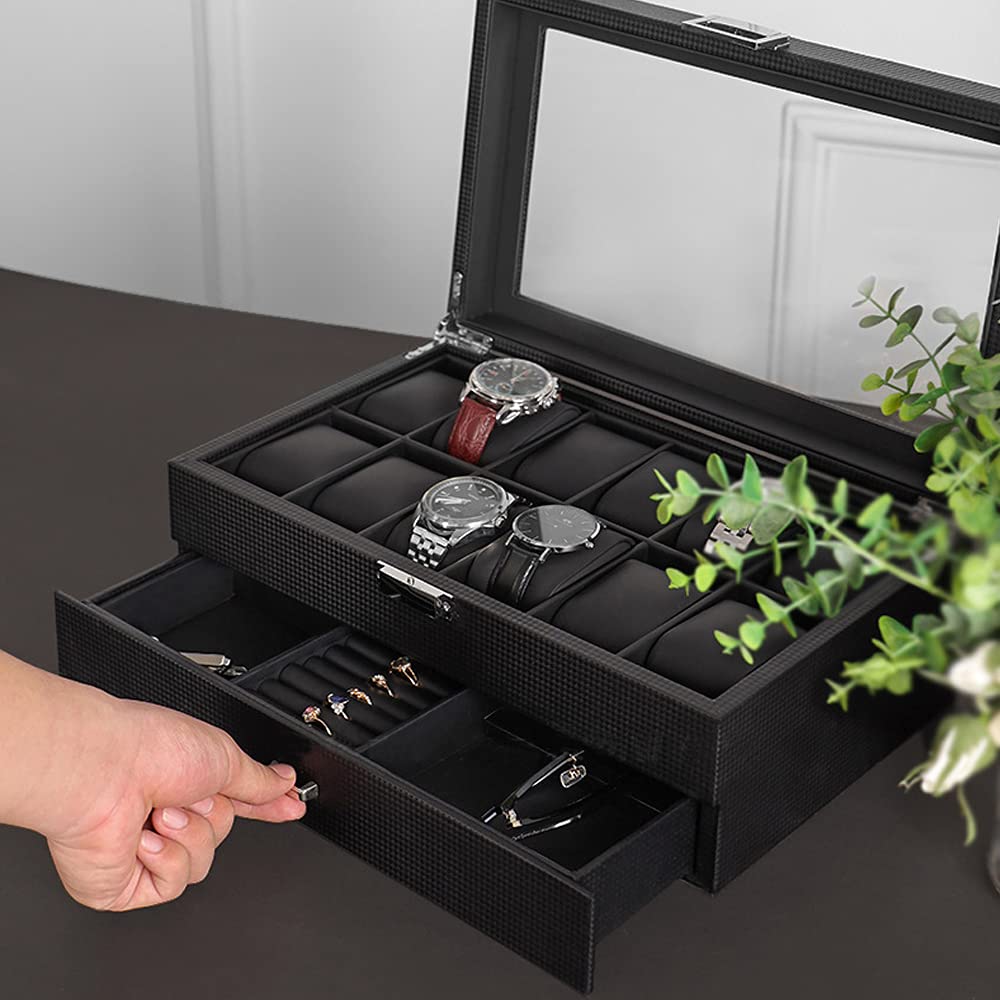 Homarket 12 Slot Luxury Watch Case Display Organizer, Carbon Fiber Design -Metal Buckle for Mens Jewelry Watches, Men's Storage Holder Boxes has a Large Glass Top