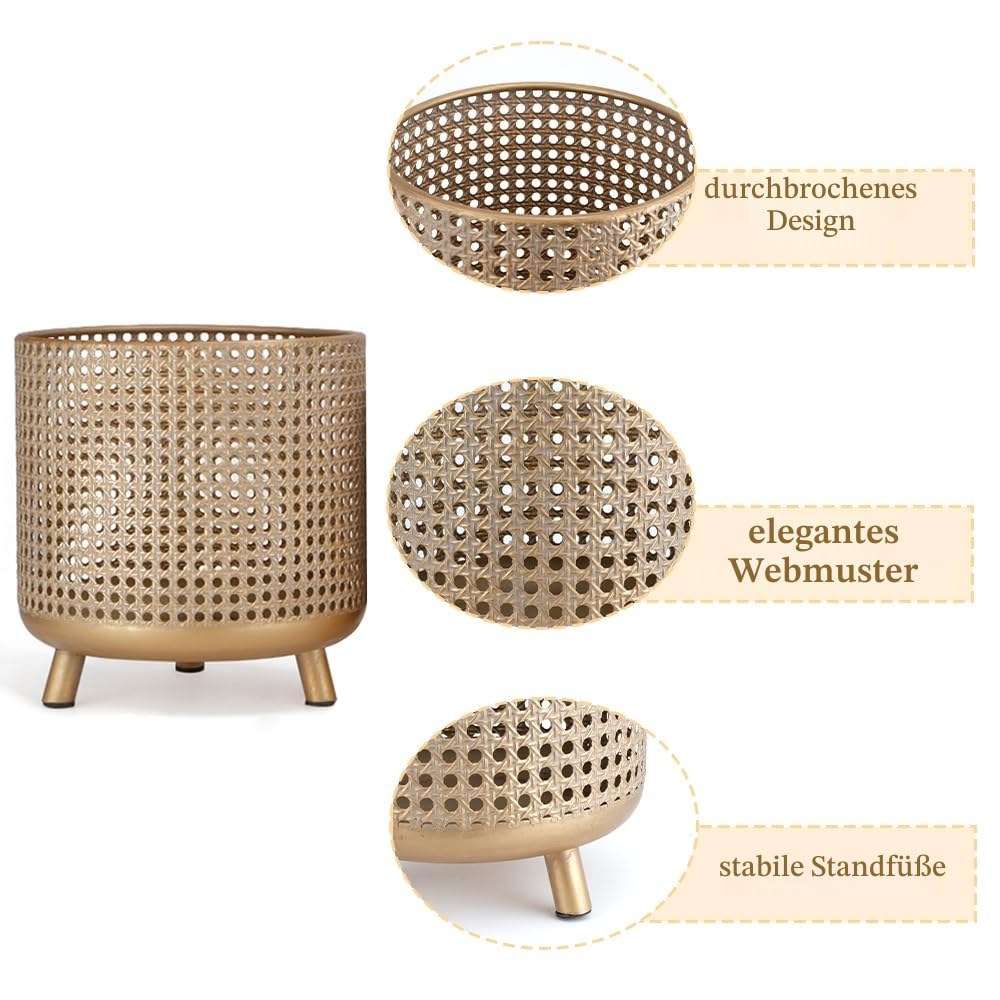 JHY DESIGN Set mit 3 Blumentöpfen, Metalldekoration, Blumentöpfe mit Hohlem Design, Große Pflanzgefäße für drinnen und draußen, Garten, Zuhause, Balkon, Geländer, Zaunpflanzen(Gold)
