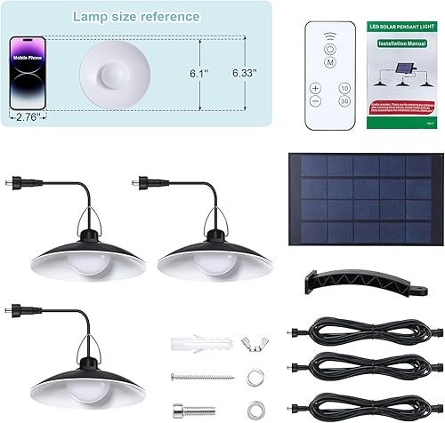 Miniatura 9 de Luces colgantes solares para exteriores IP65 impermeables, 3 cabezales, luces solares de cobertizo con interruptor remoto de encendido y apagado,