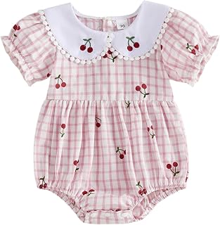Baby Girls Summer Romper Short Sleeve Doll Collar Plaid Cherry Print Outfit 3 6 12 18 Months Infant Baby Clothes