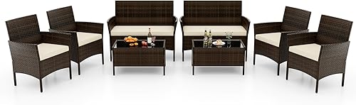 Miniatura 22 de RELAX4LIFE Juego de muebles de patio de 4 piezas – Juego de muebles de ratán para conversación al aire libre con cojines, mesa de centro de cristal