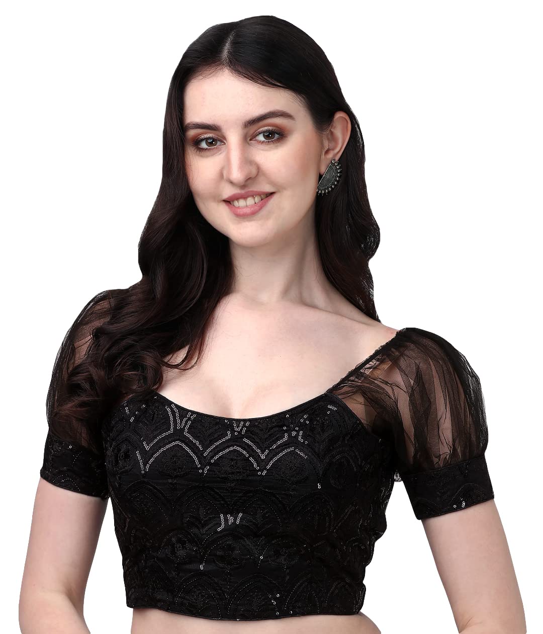 Pujia Mills Womens Net Fabrics Round Neck Puff Sleeve Blouse (Black, 38)