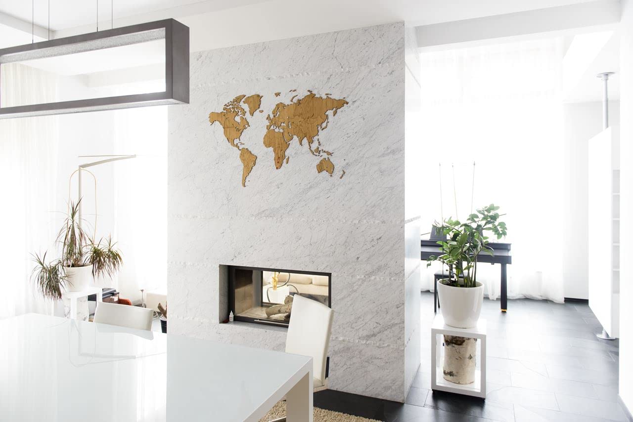 Weltkarte Holz DIY | 130 x 78 cm Wanddeko aus FSC-zertifiziertem HDF | 48 Pins & 25 Inseln zur Personalisierung | Weltkarte zum Pinnen Geschenkidee (Eiche)