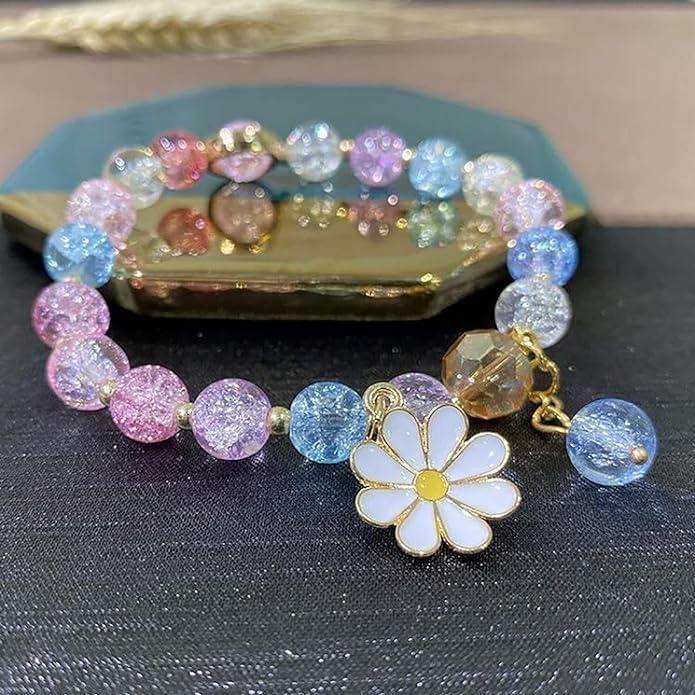 Image of El Regalo 1 PC Dailsy Flower Sparkly Crystal Beads Tassel Bracelet for Girls /Teens /Women- Cute Crackle Beads Daisy Flower Stretch Bracelet