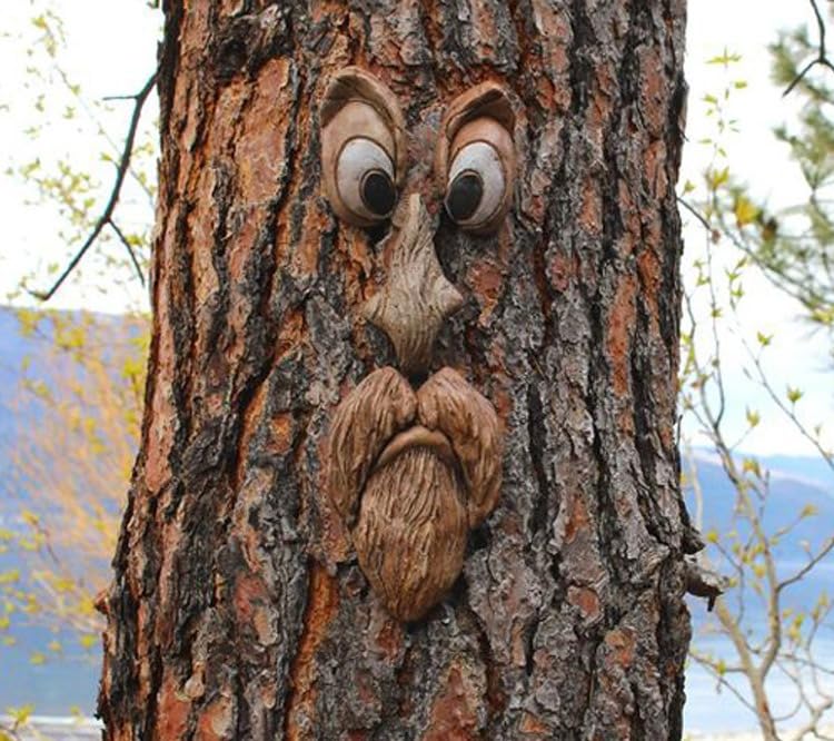 Garden Resin Tree Face Decor Bark Look Forest Spirit Sculpture Outdoor Yard Creative Ornament (A1)