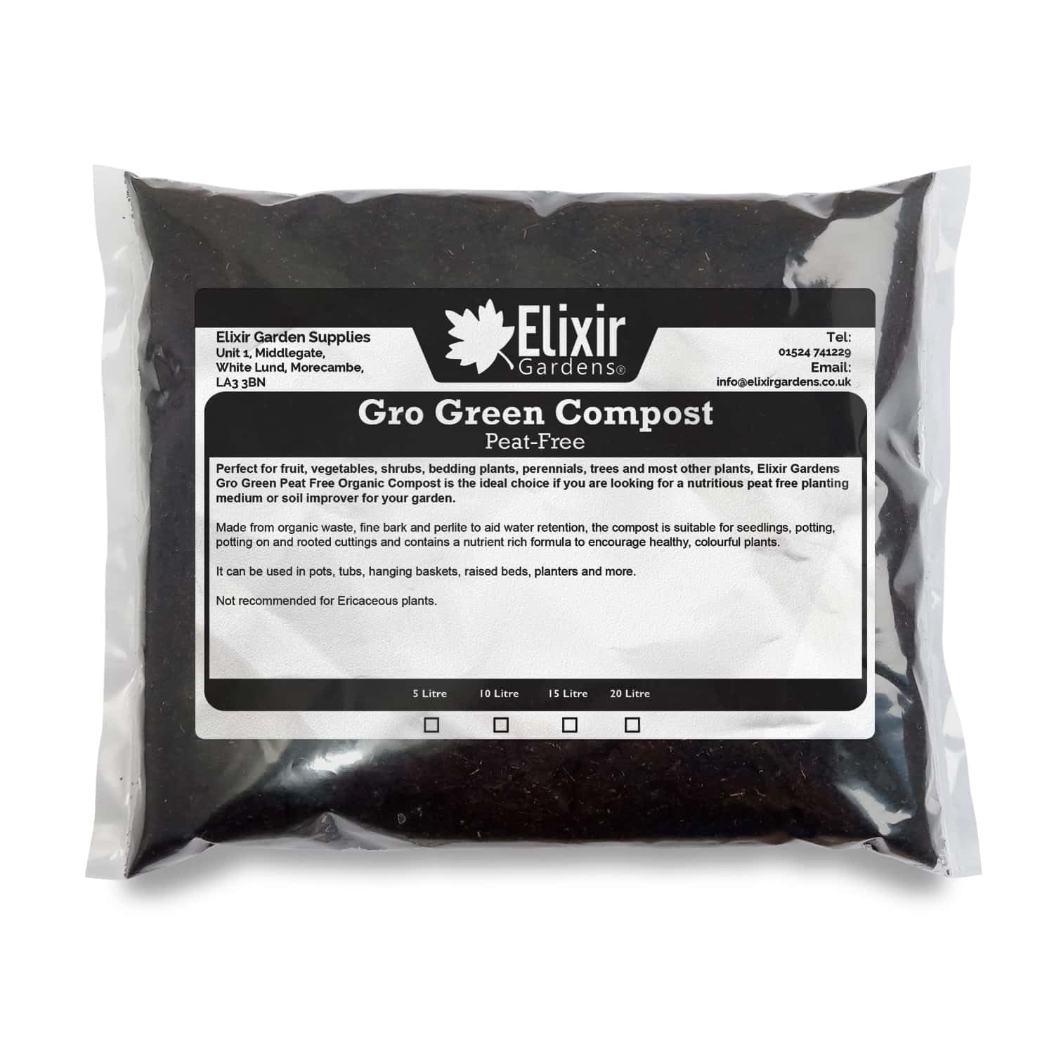 Elixir Gardens Organic Nutrient Rich Gro Green Peat Free Compost with Perlite & Bark for Plants, Fruits, Flowers, Vegetables, Trees, Shrubs, etc | Various Sizes 5L- 400L (Gro Green Compost, 10L)