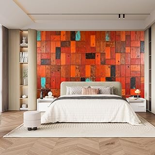 Rustic Wooden Plank Wall Mural with Orange Reclaimed Wood Look for Bedroom & Living Room, Modern Farmhouse Style for Home Decor Lovers, Wooden Wall Mural, Rustic Wallpaper 150" W x 105" H