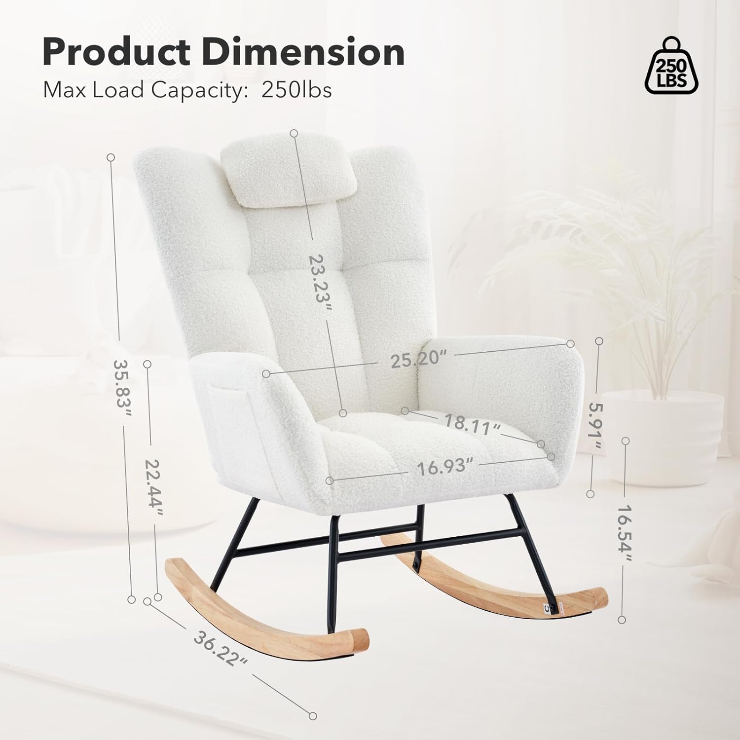 mecedora, Rocking Chair, Recubrimiento Bouclette, Sillón Lactancia, Silla mecedora, Estructura de acero, Patas de madera maciza, Beige, 68,3 x 92 x 91 cm, con Almohada