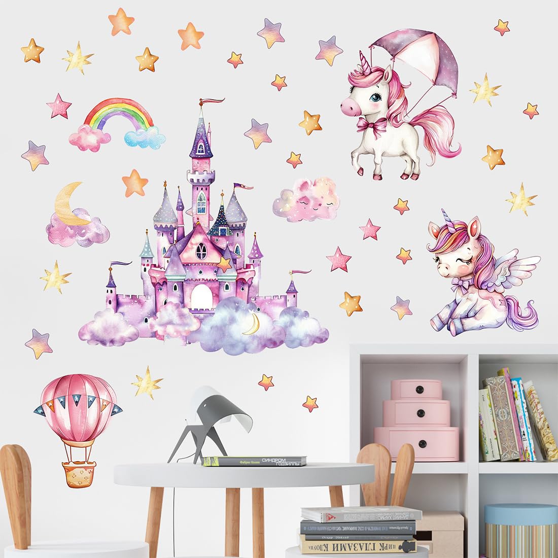 Adesivi da Parete Fluorescenti Unicorno Arcobaleno Luminoso Murali Bambini Farfalle Mongolfiera Stella Decorazione Murale