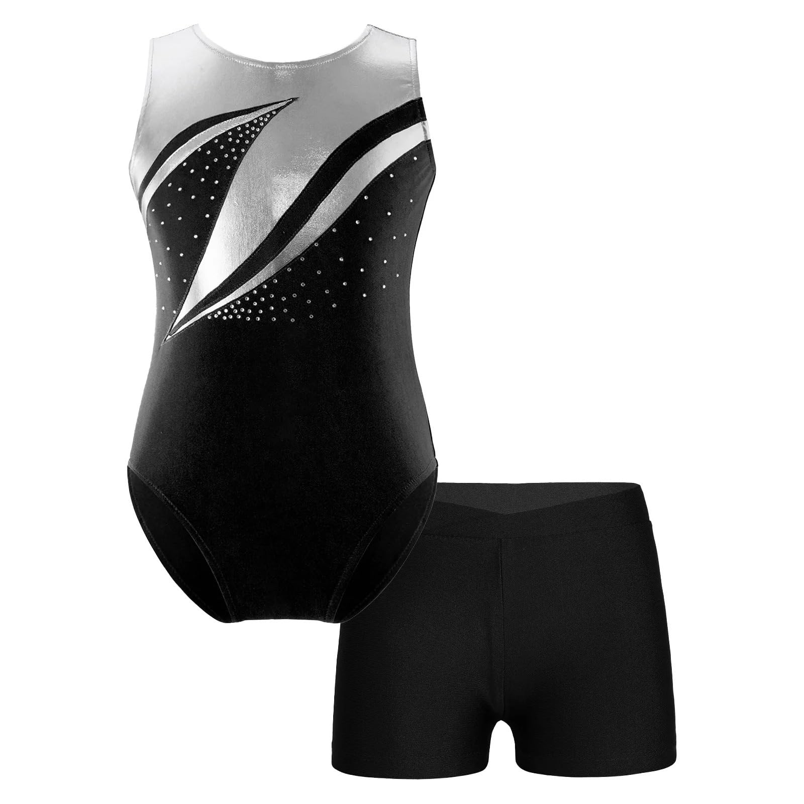 Justaucorps de gymnastique sans manches métallique scintillant for filles avec short pour les danseuses