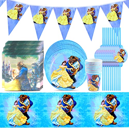 52 Pcs Decoración Cumpleaños La Bella y La Bestia, Vajilla La Bella y La Bestia, Vasos y Platos De...
