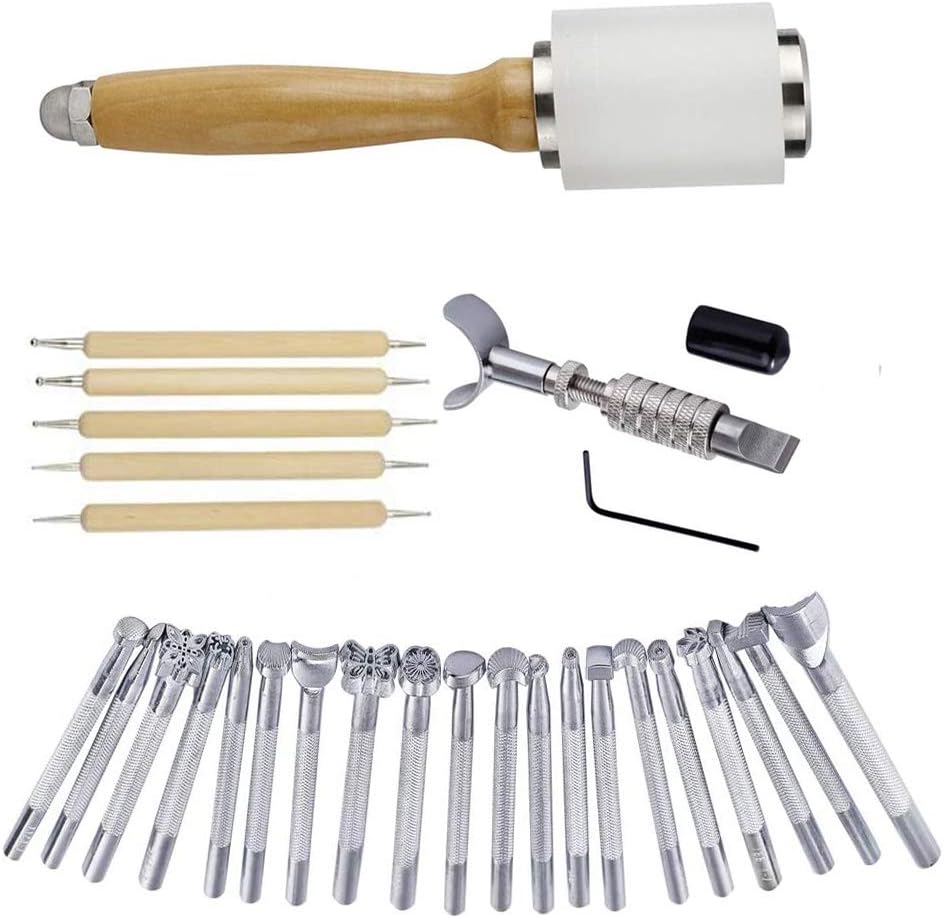 DUJISO 20 PCS Leather Stamping Tool Leather Carving Working Saddle Making Tools DIY Leather Craft Stamps Set DIY Hammer