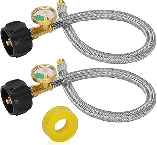 OPL5 2 Packs 1/4" Male NPT RV Propane Pigtail Hose with Gauge 15 inch Stainless Steel Braided Camper Tank Hose Connector for Standard Two-Stage Regulator QCC1/NPT Fittings