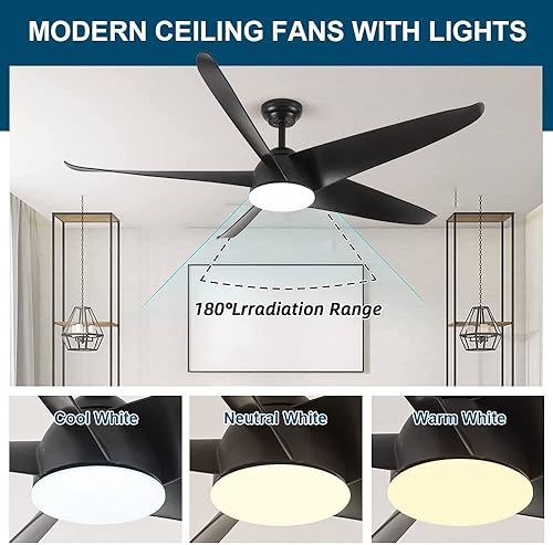 Miniatura 5 de Ventilador de techo negro con luz, ventilador de techo moderno para exteriores con luz y control remoto, ventilador de techo industrial de perfil