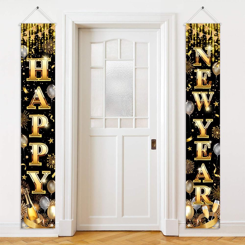 Avezano New Years Decorations 2026 Happy New Year Door Banner Black and Gold Nye Banner New Years Eve Party Supplies