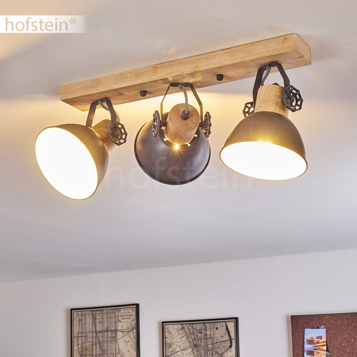 HOFSTEIN Deckenleuchte Orny, verstellbare Deckenlampe aus Metall/Holz in Grau/Weiß/Natur, moderne Leuchte im Industrial/Retro/Vintage-Design, 3 x E27, Wohnzimmer, Esszimmer, Schlafzimmer, Küche