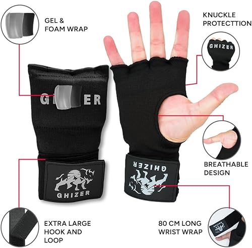 Miniatura 3 de Juego de guantes de gel, correas de muñeca rápidas de 31.5 in de largo y vendas de boxeo de 180 pulgadas elásticas con lazo para el pulgar.