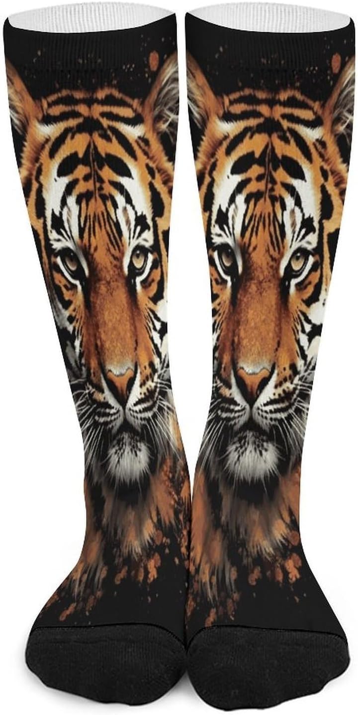 Tiger Head Artwork Compression Socks for Man Women Breathable Knee High Tube Socks Baseball Football Sock Over The Calf Sock Circulation Support for Running Travel Athletic Daily Wear
