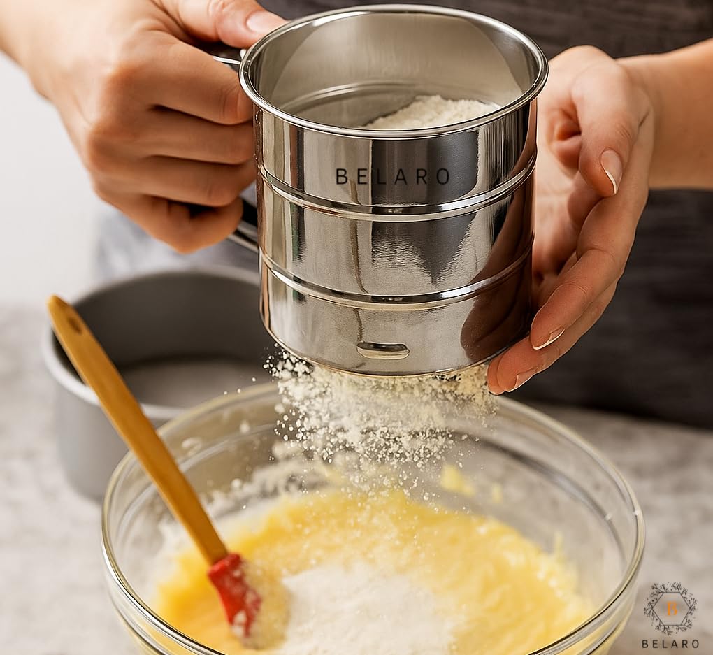 Mehlsieb, 3 Tassen Sieb zum Backen, Edelstahl Mehlsieb zum Backen von Kuchen, Gebäck, Kuchen, Cupcakes und Desserts, Puderzuckerstreuer Staubwedel, mit Handpress-Design