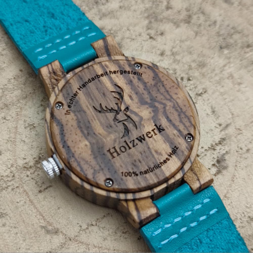 Holzwerk Germany Ręcznie wykonany designerski zegarek damski ekologiczny naturalny drewniany zegarek skórzany pasek zegarek analogowy klasyczny zegarek kwarcowy w kolorze niebieskim turkusowym