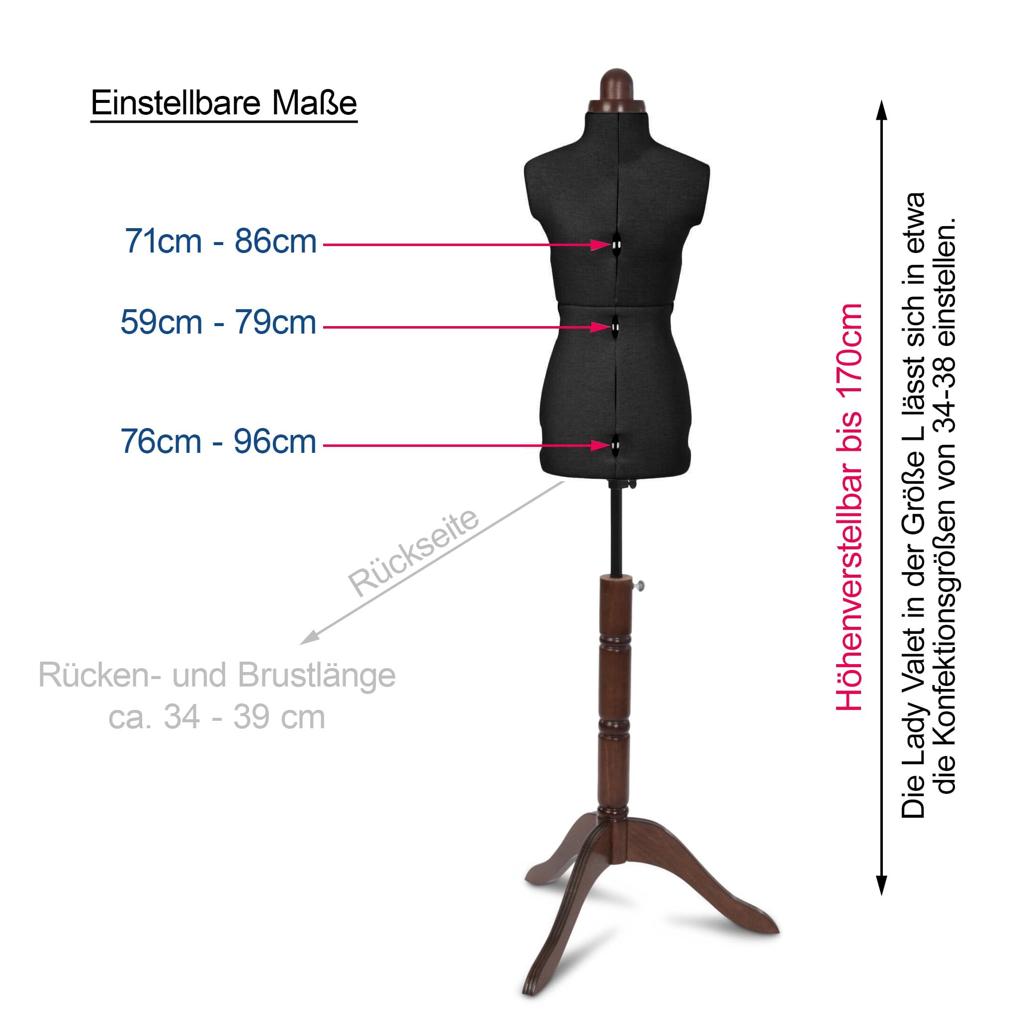 Lady Valet Schneiderbüste XS Schwarz – verstellbare Schneiderpuppe Größe 34–38 | Retro Design mit Holz-Dreifuß & 8-teiligem System