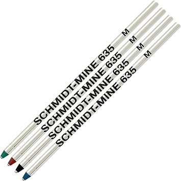 Schmidt 635 D1 Mine Ballpoint Refill - Black, Blue, Green, Red Ink Medium Tip 0.7mm - Pack of 4