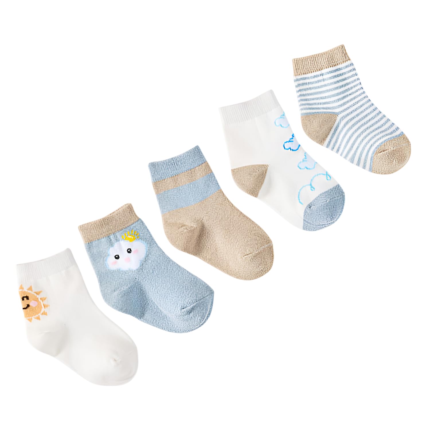 5 Pairs Baby Girl Boys Non Slip Trainer Socks Toddlers Infant Socks Warm and Socks Cotton Stretch Crew Anti-Slip Baby Socks- Sun Cloud, 0-1 Years-image-48