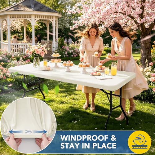 Enjoyidea Fitted Tablecloth for 6 Foot Rectangle Tables-4 Pack Cream Elastic Outdoor Picnic Table Cover-Spandex Stretch Folding Table Cloths 6 ft for Camping Dining Room Patio Kitchen Banquet Party by Enjoyidea - Image 3