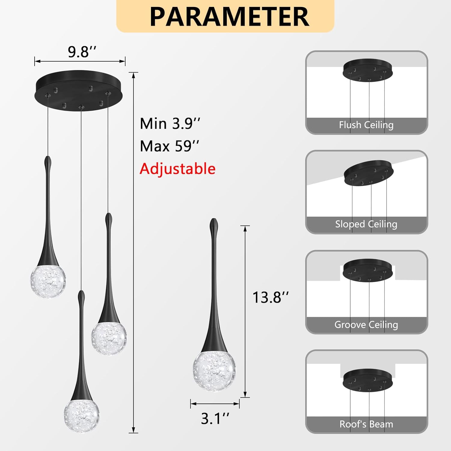 cenzoz 3-lights modern pendant lights for kitchen island led dimmable crystal glam ceiling pendant lighting chandelier for dining room hallway bedroom corner lamp black black 3 lights rectangular